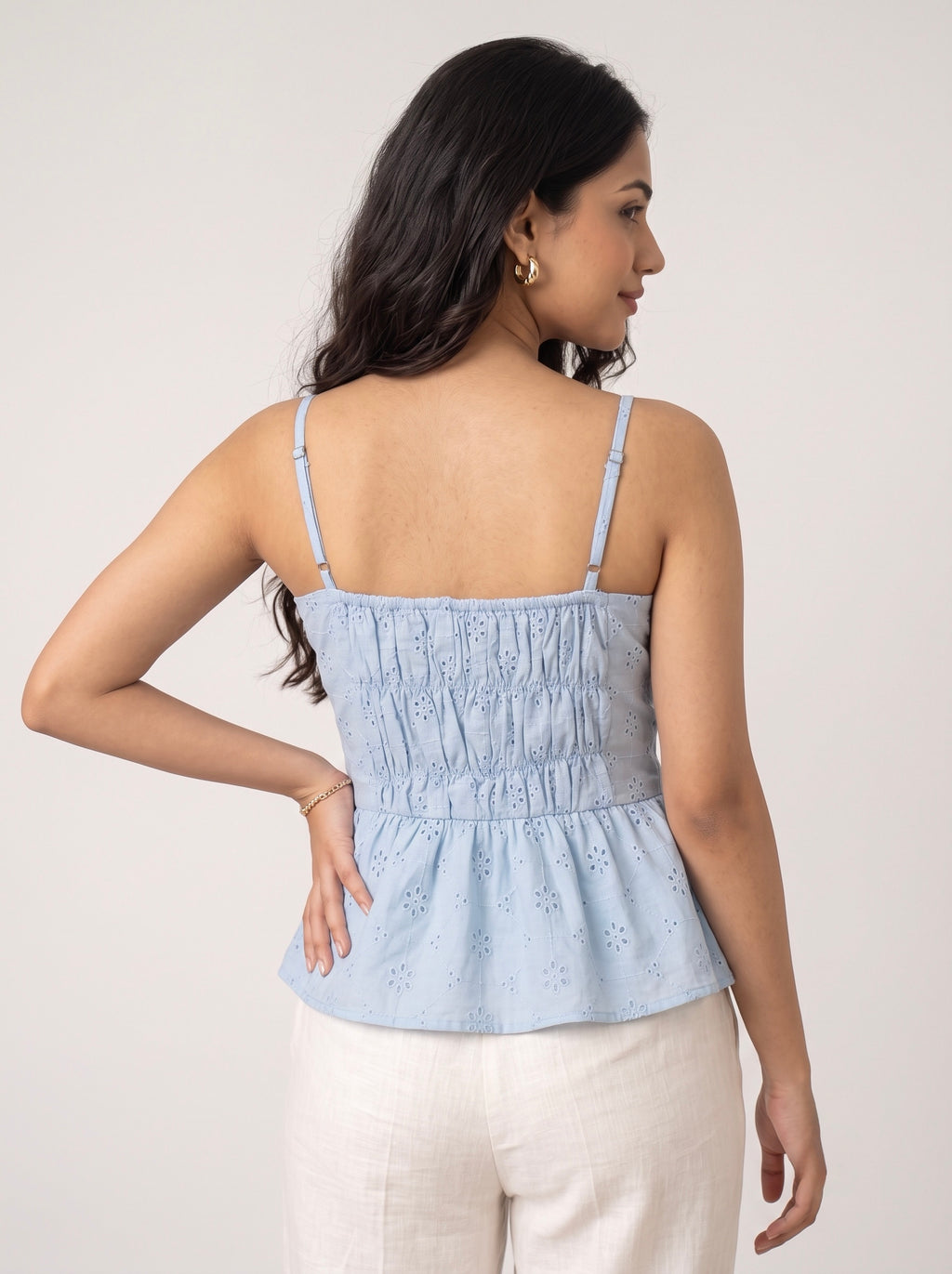 Embroidered Eyelet Bow-Front Peplum Cami Top
