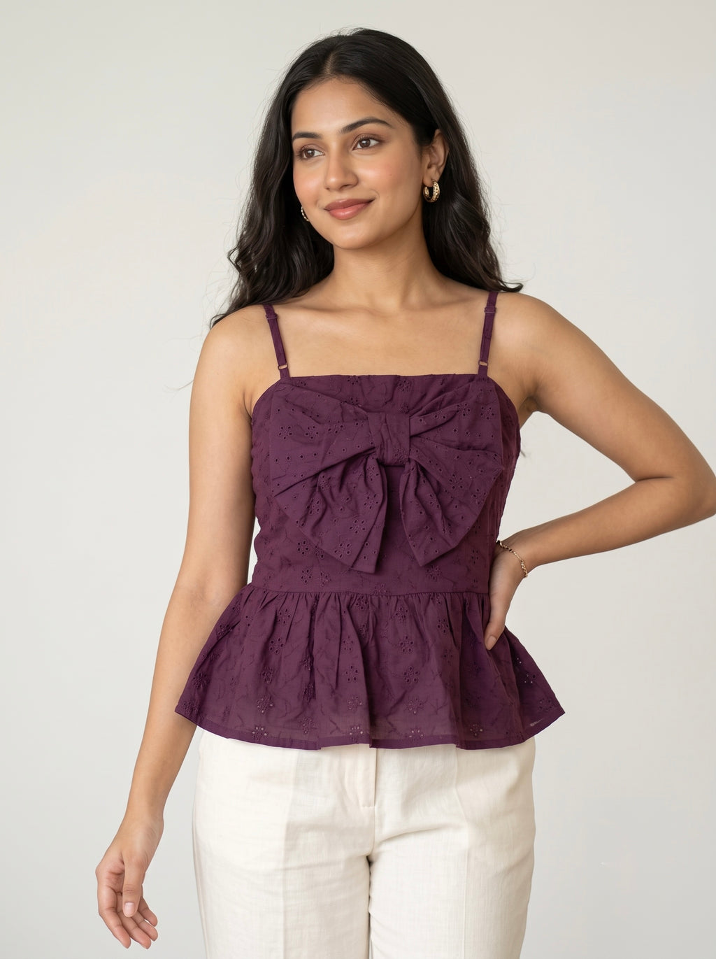 Embroidered Eyelet Bow-Front Peplum Cami Top