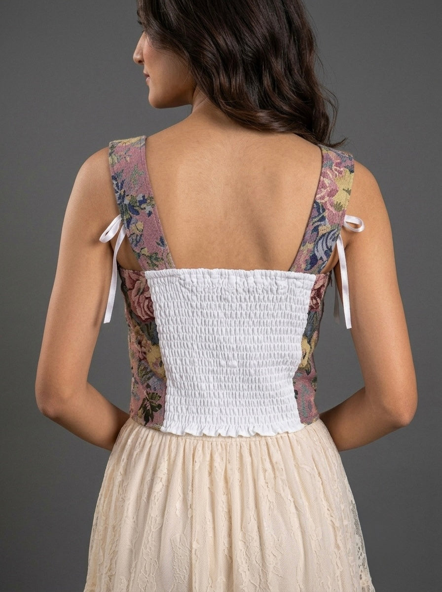Dusty Rose Tapestry Lace-Up Corset Crop