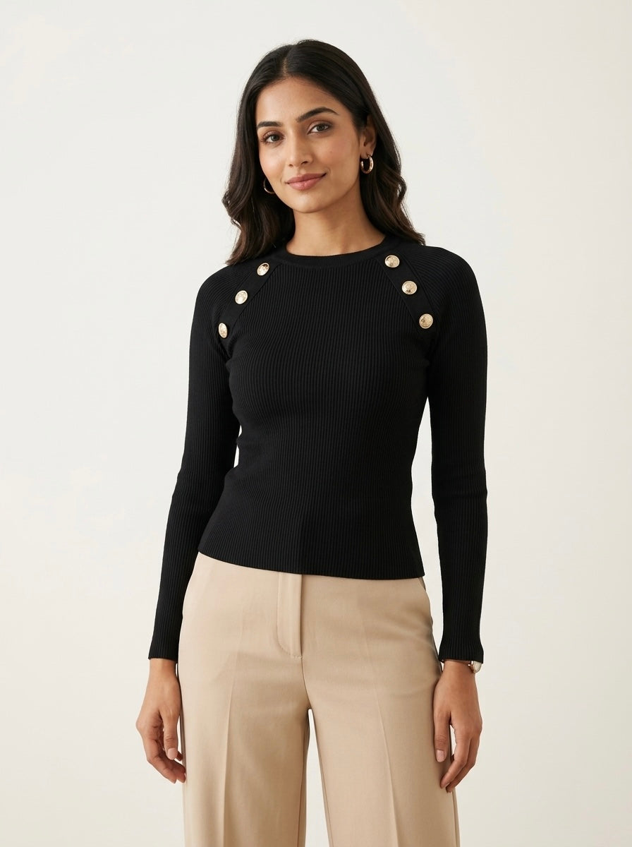 Black Ribbed Gold Button Knit Top