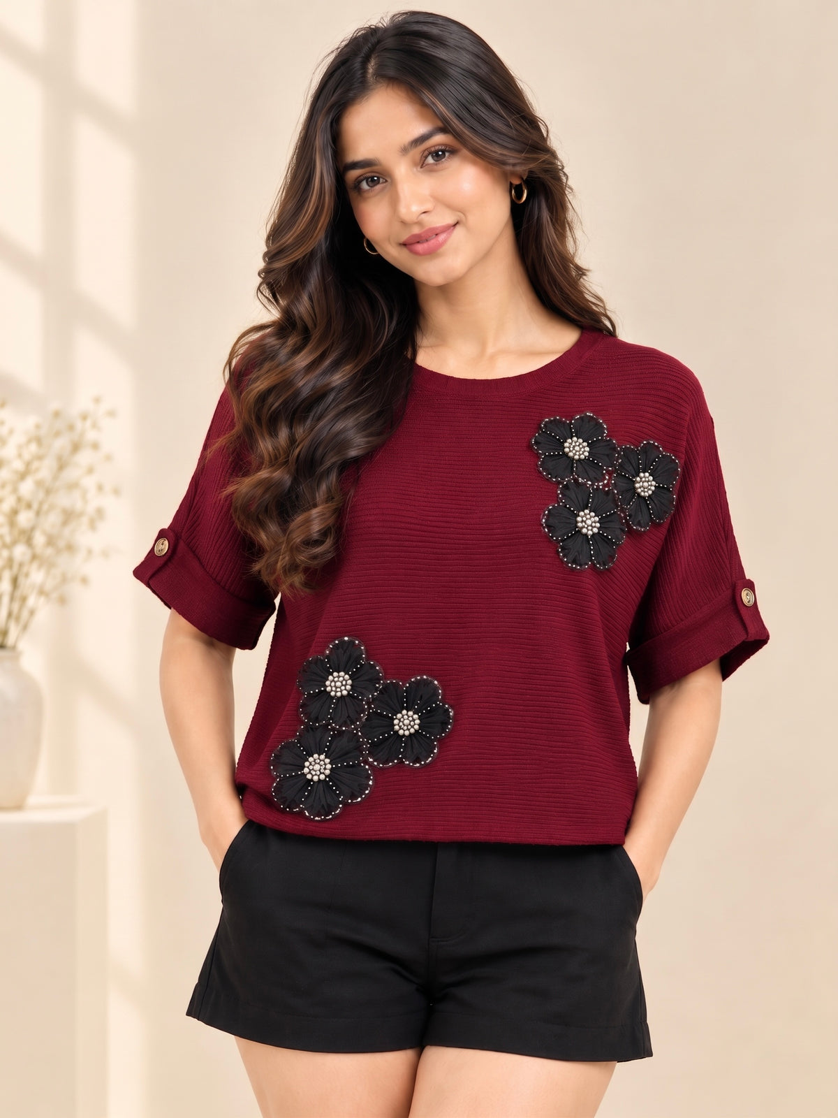 Imported Pearl Floral Applique Ribbed Knit Top