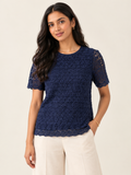 Navy Blue Floral Crochet Lace Short-Sleeve Top