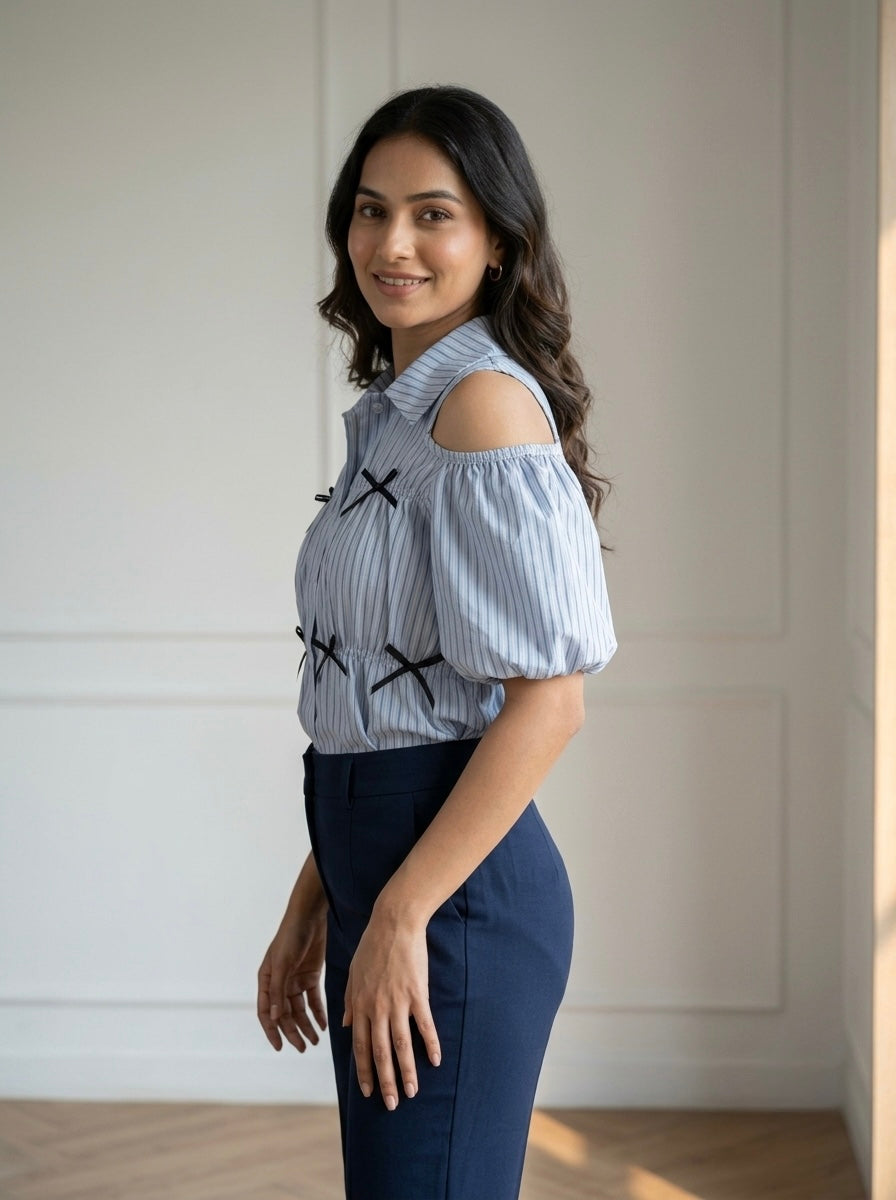 Sky Blue Striped Cold-Shoulder Peplum Top with Bow Details
