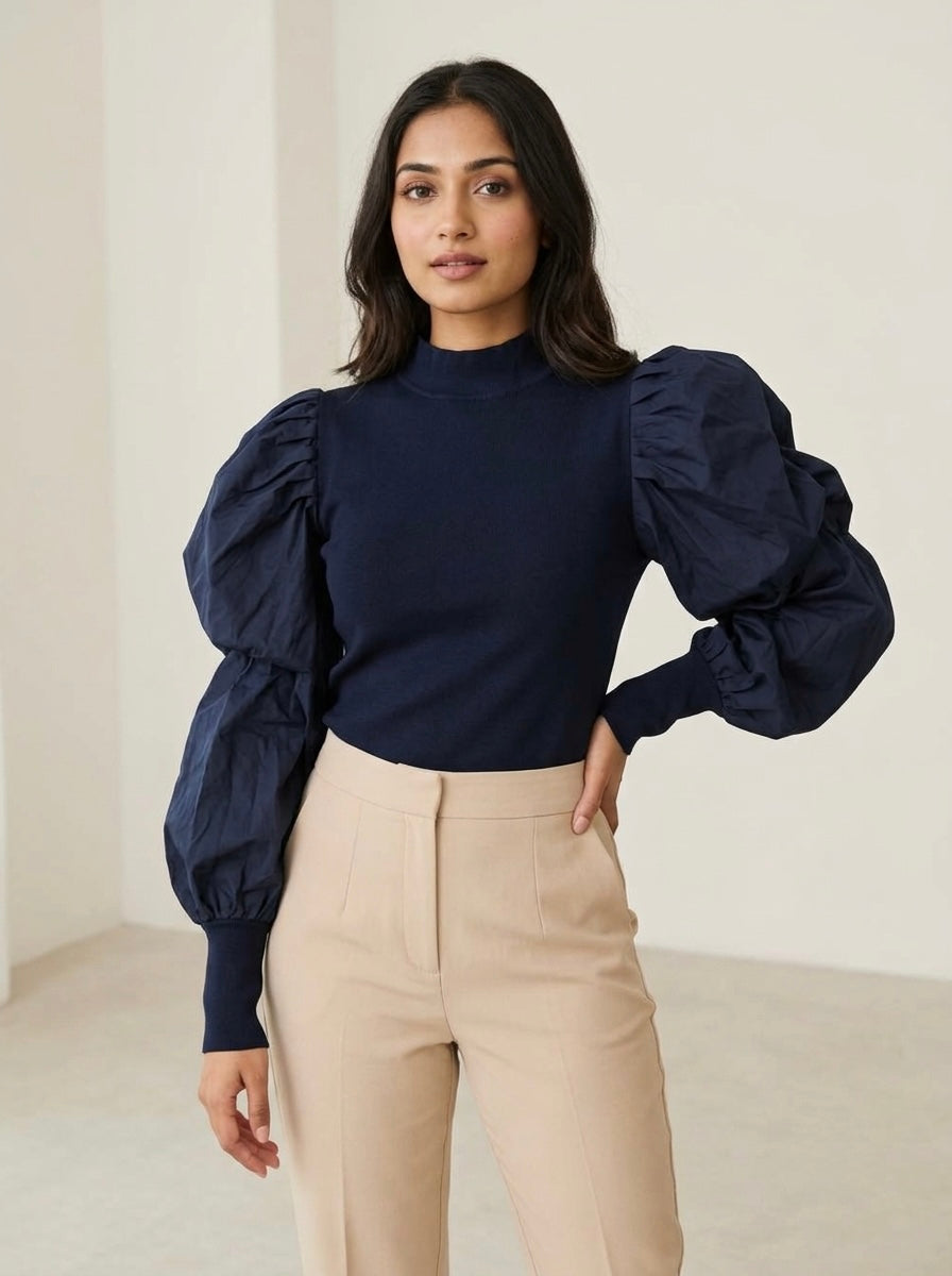 Structured Puff-Sleeve Knit Top in Deep Navy