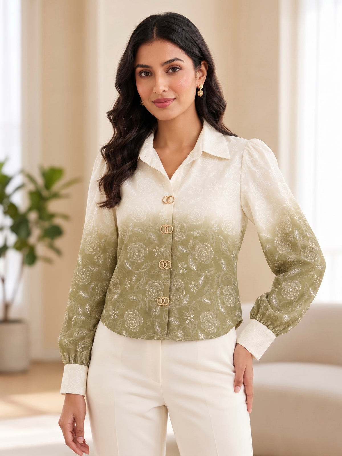 Floral Ombre Gradient Mock-Button Shirt Top