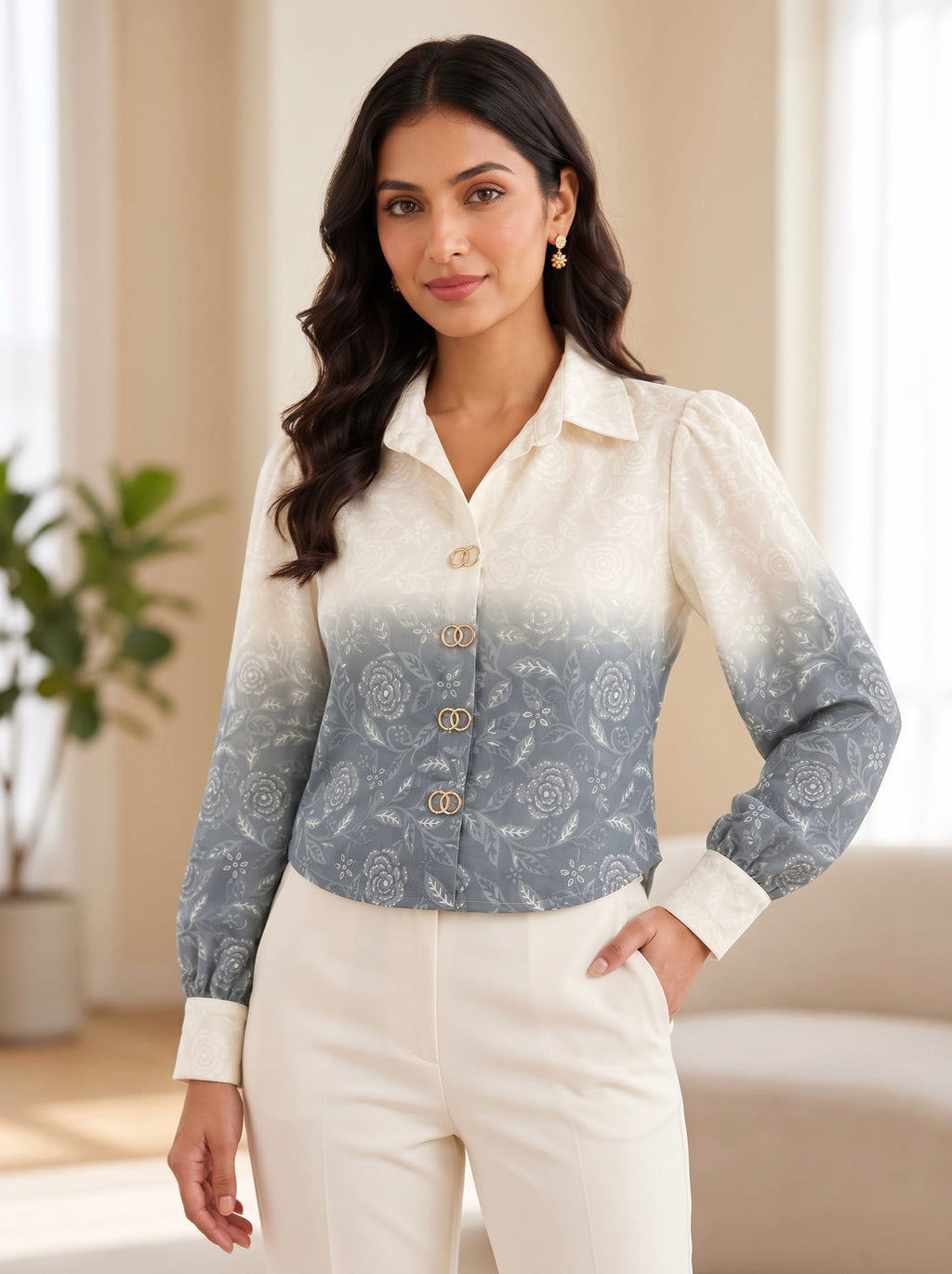 Floral Ombre Gradient Mock-Button Shirt Top