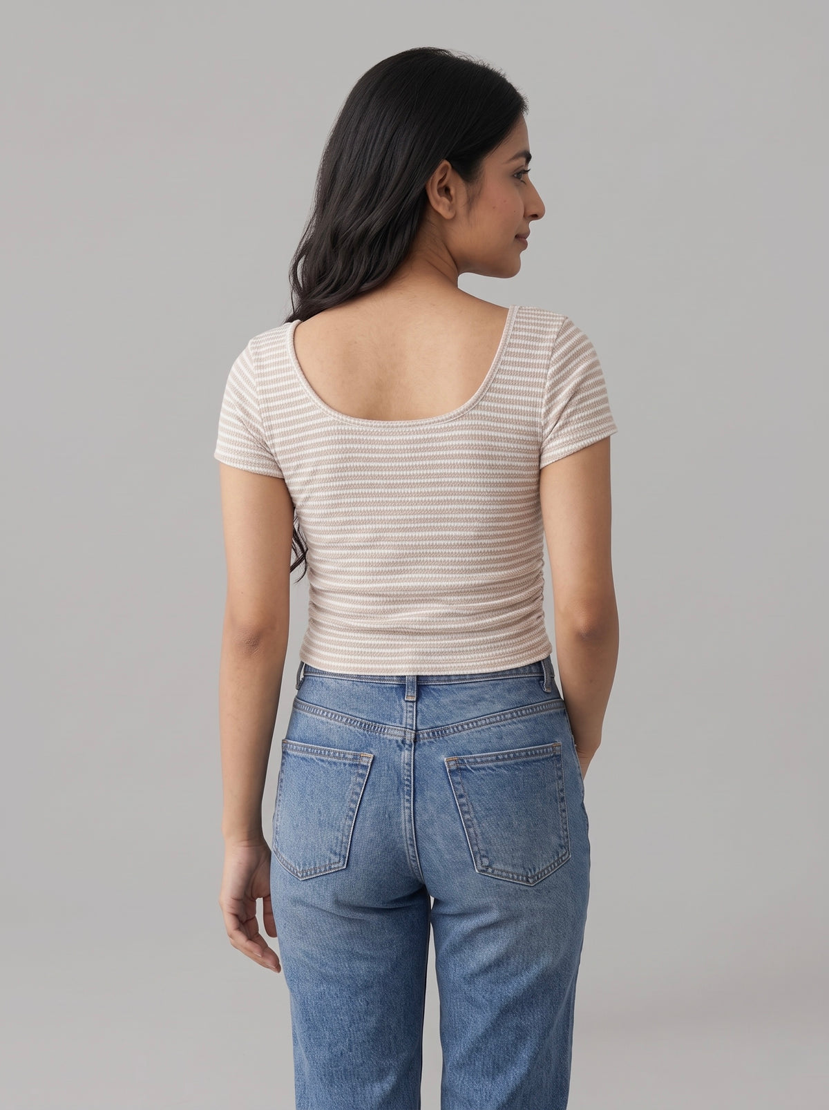 Beige Striped Ribbed Knit Tee