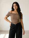 Parisian Mocha Striped Ribbed Bardot Top