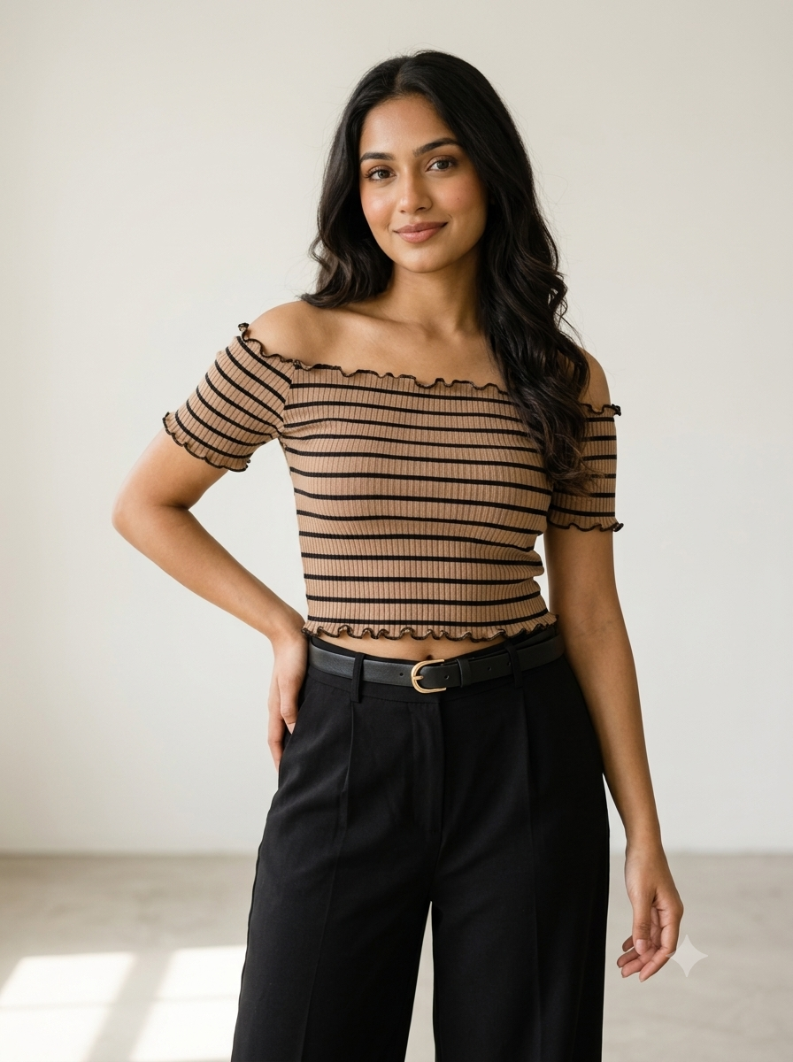 Parisian Mocha Striped Ribbed Bardot Top