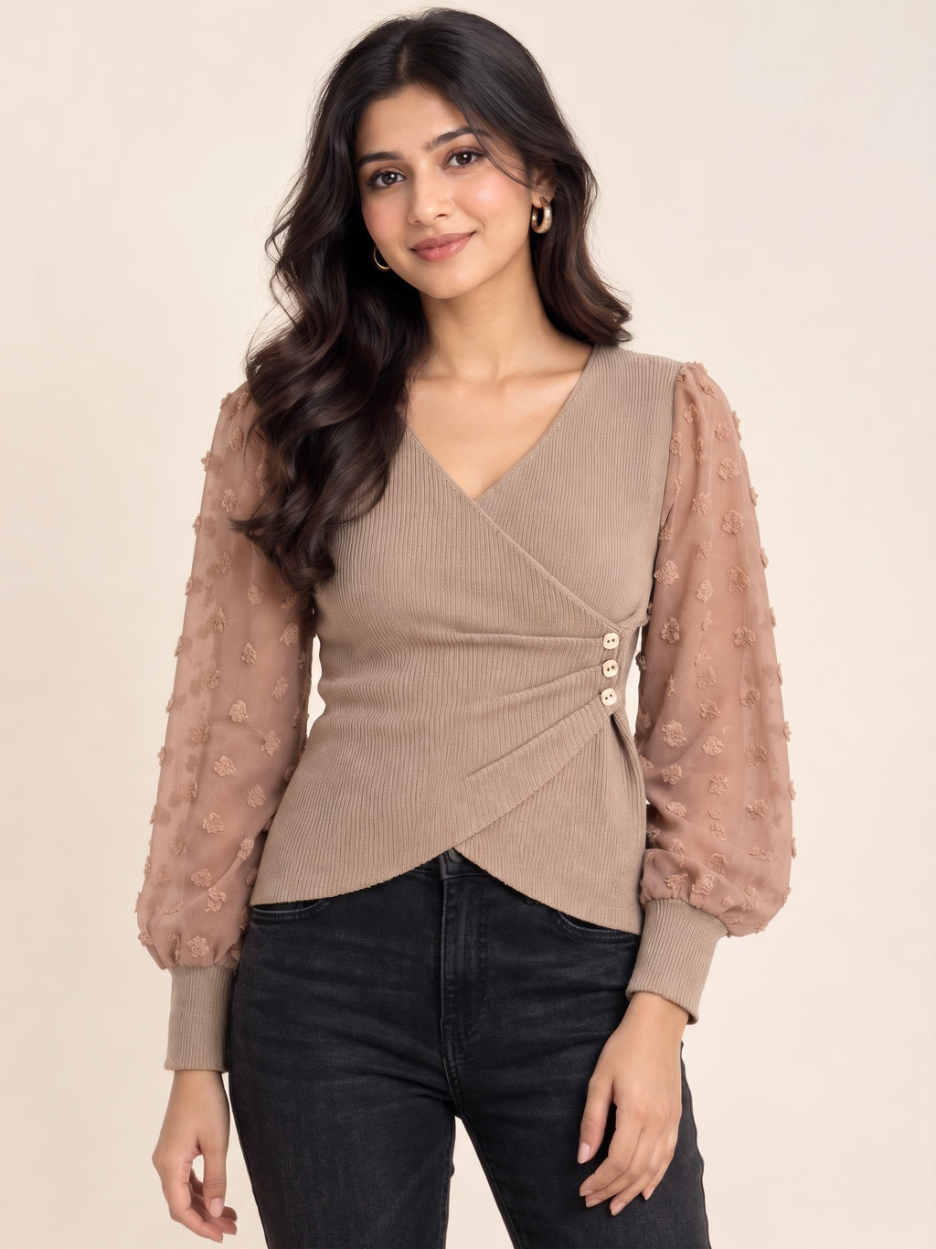 Imported Dotted Sleeve Wrap Top