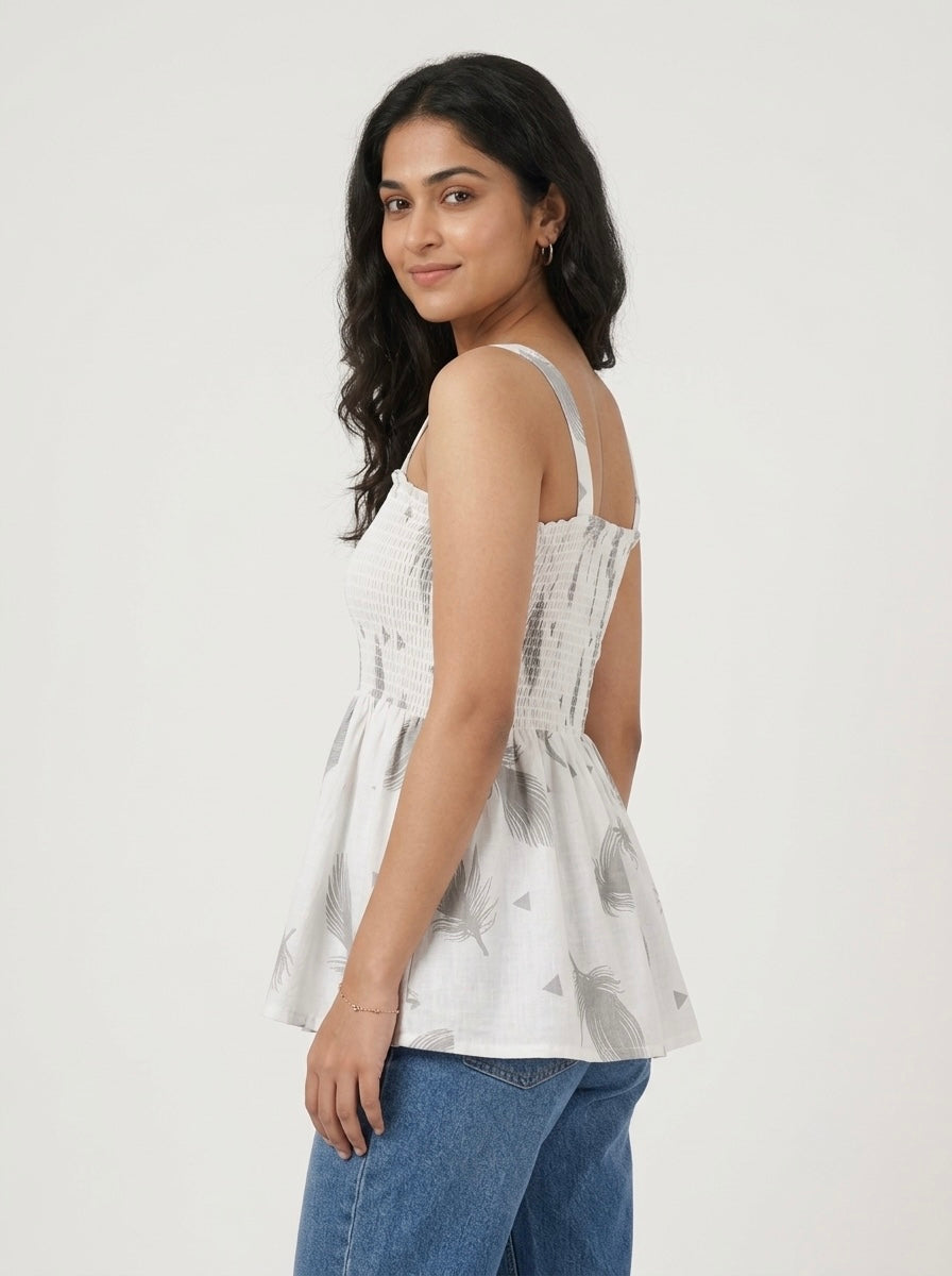 Feather Print Smocked Peplum Top