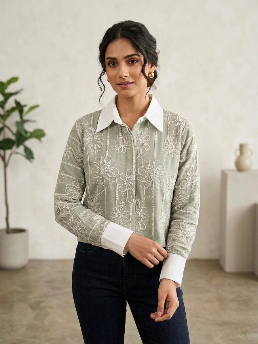 Imported Embroidered Contrast Collar Shirt