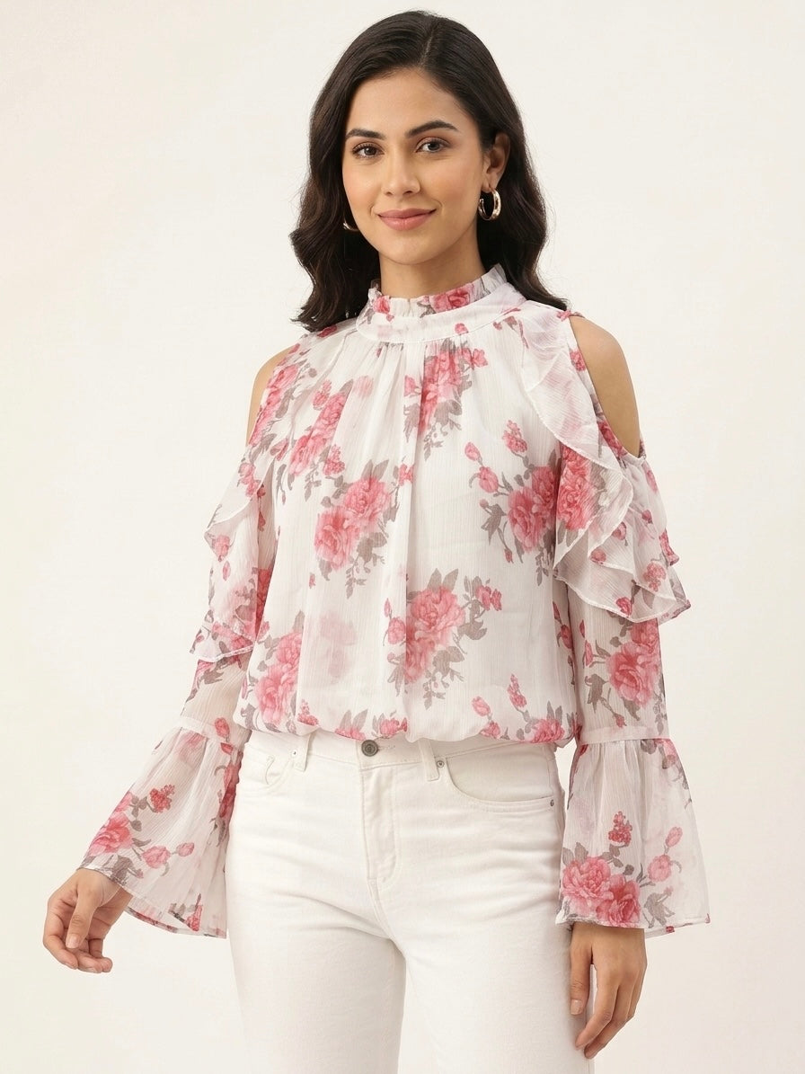 Floral Cold-Shoulder Chiffon Top
