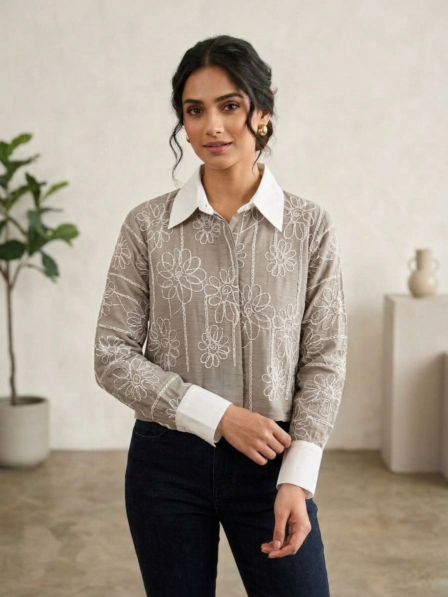 Imported Embroidered Contrast Collar Shirt