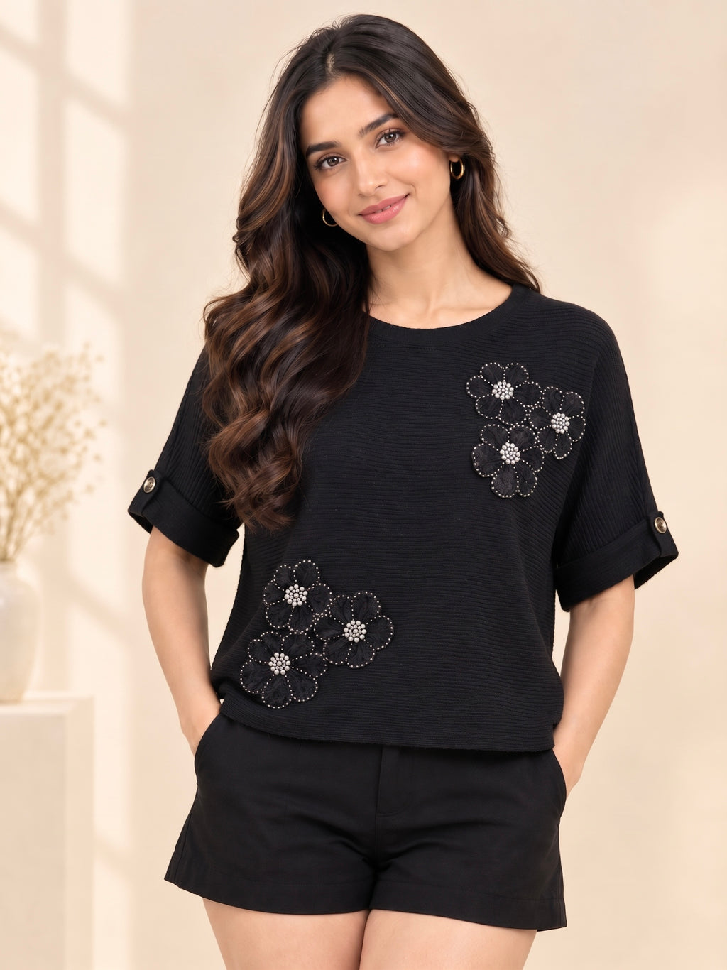 Imported Pearl Floral Applique Ribbed Knit Top
