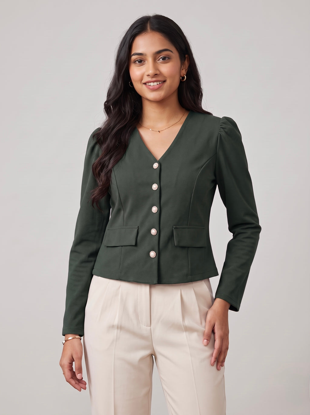 V-Neck Puff-Sleeve Blazer