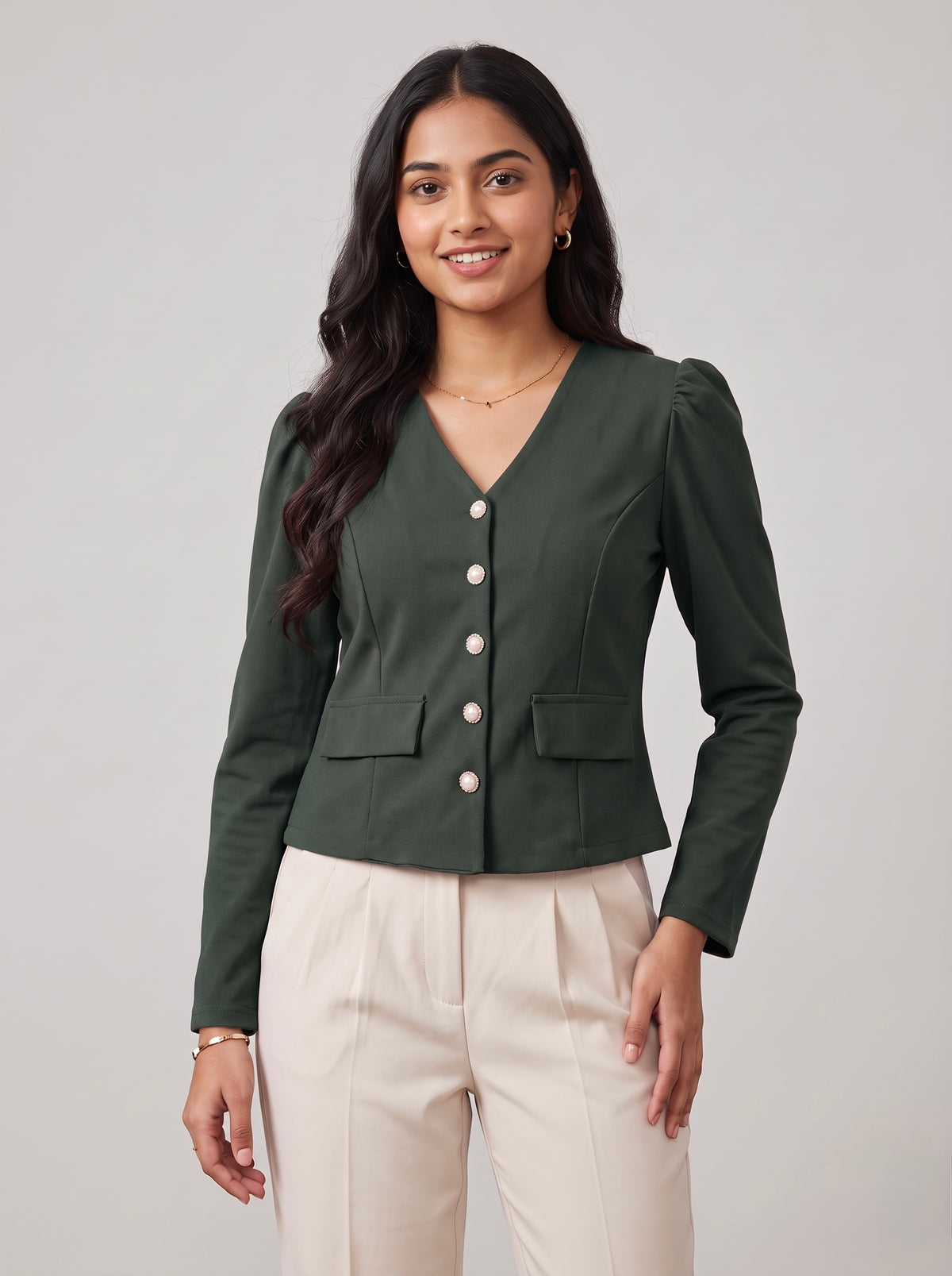 V-Neck Puff-Sleeve Blazer