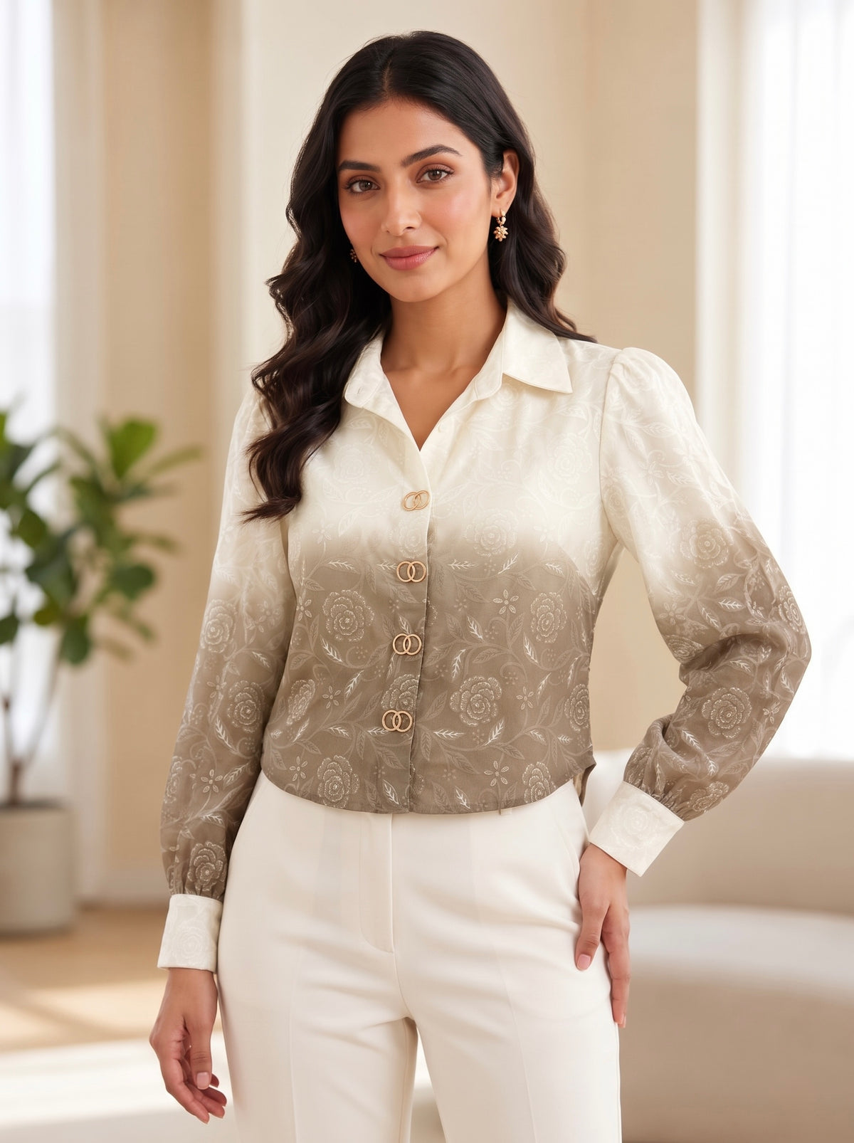 Floral Ombre Gradient Mock-Button Shirt Top