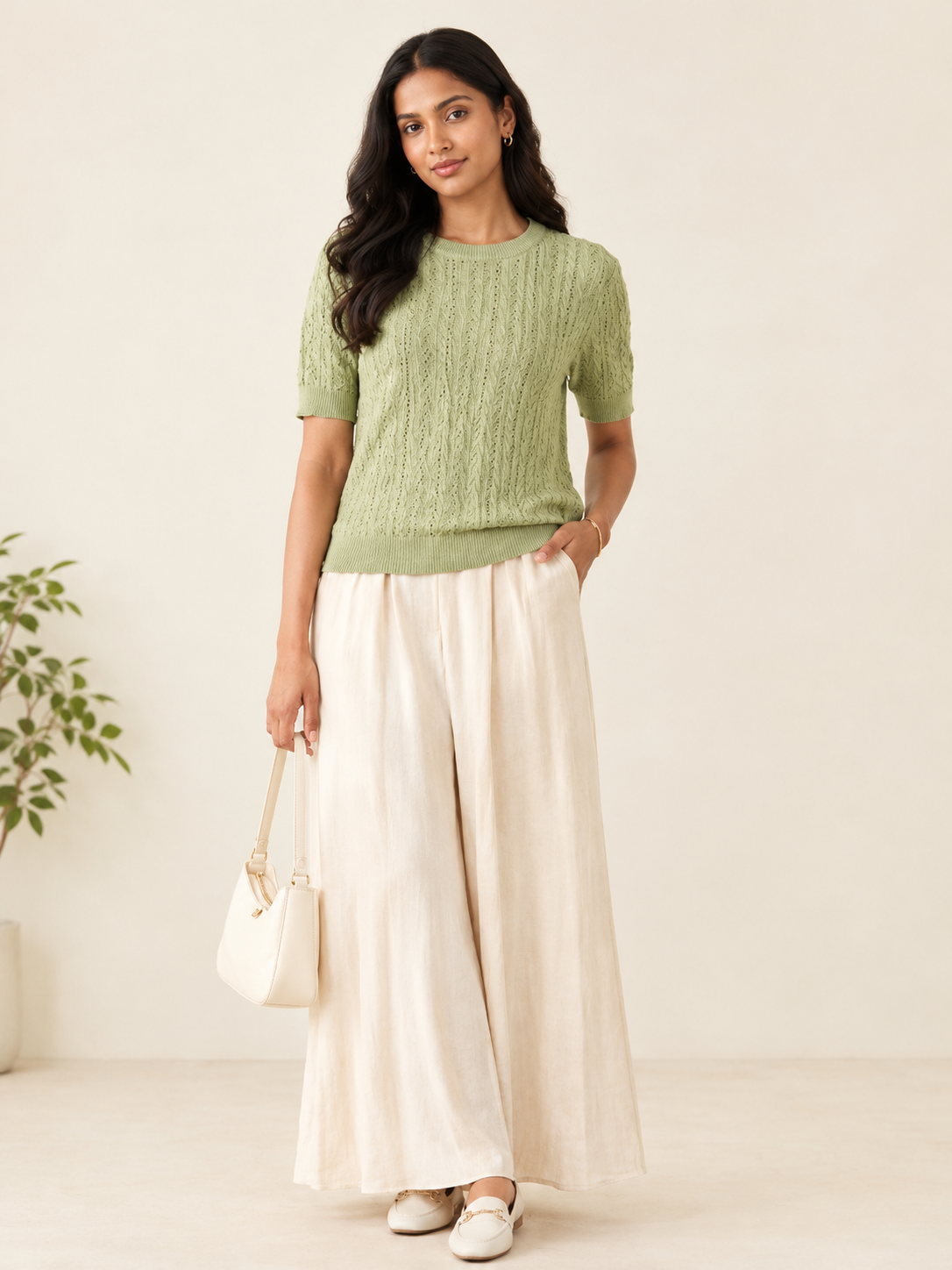 Sage Green Cable Knit Short Sleeve Top
