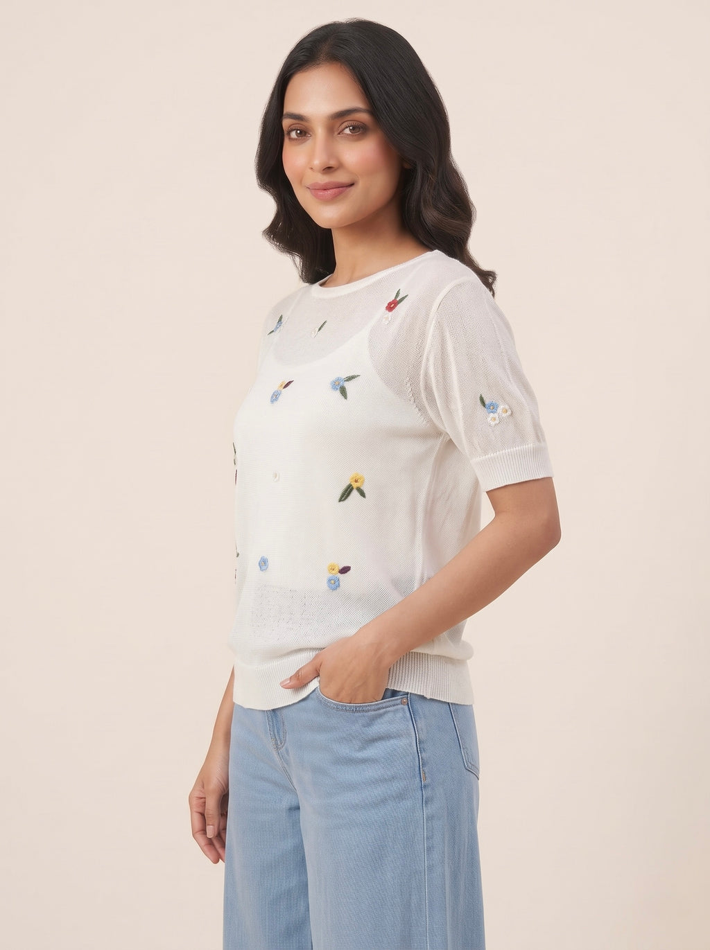 Ditsy Floral Short-Sleeve Knit Top
