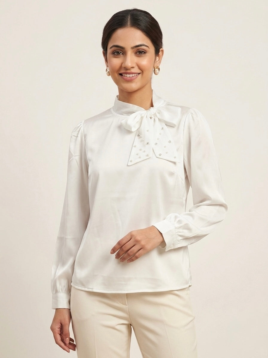 Imported Silk-Satin Tie-Neck with Pearl Detailing