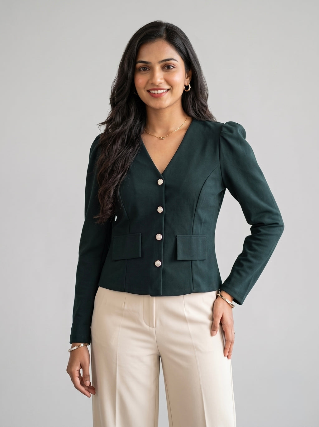 V-Neck Puff-Sleeve Blazer