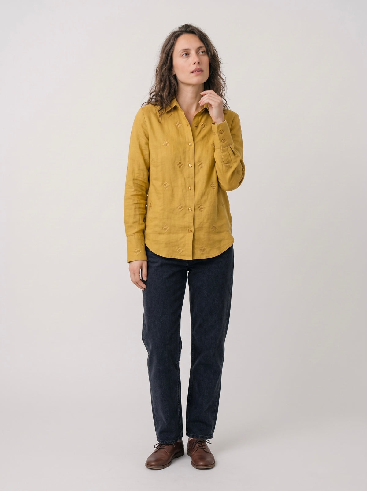 Mustard Embroidered Cotton Linen Shirt
