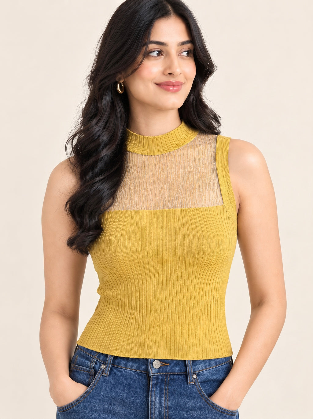 Imported Ribbed High-Neck Sheer Top