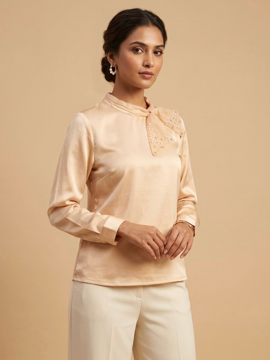 Imported Silk-Satin Tie-Neck with Pearl Detailing