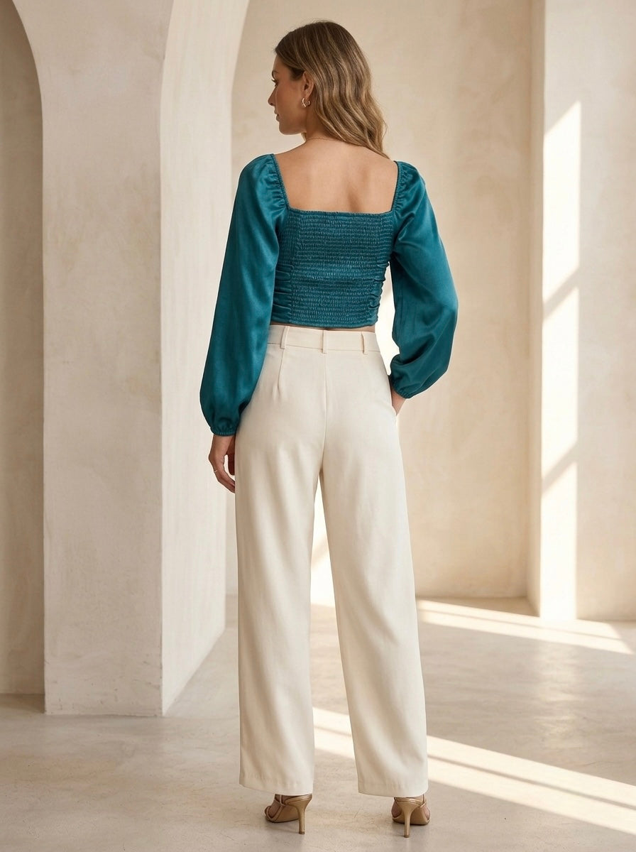 Teal Ruched Satin Crop Top