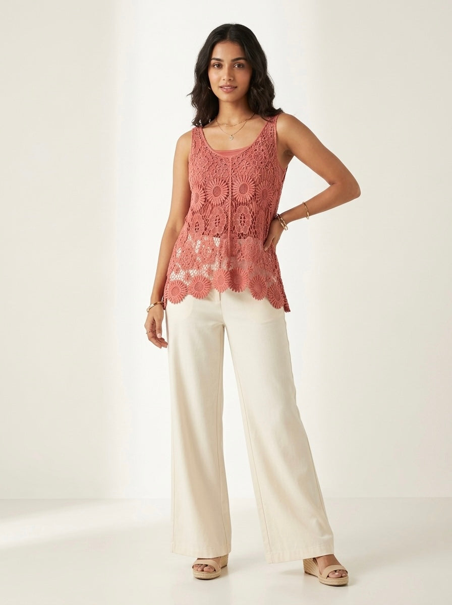 Terracotta Floral Lace Sleeveless Crochet Tank Top