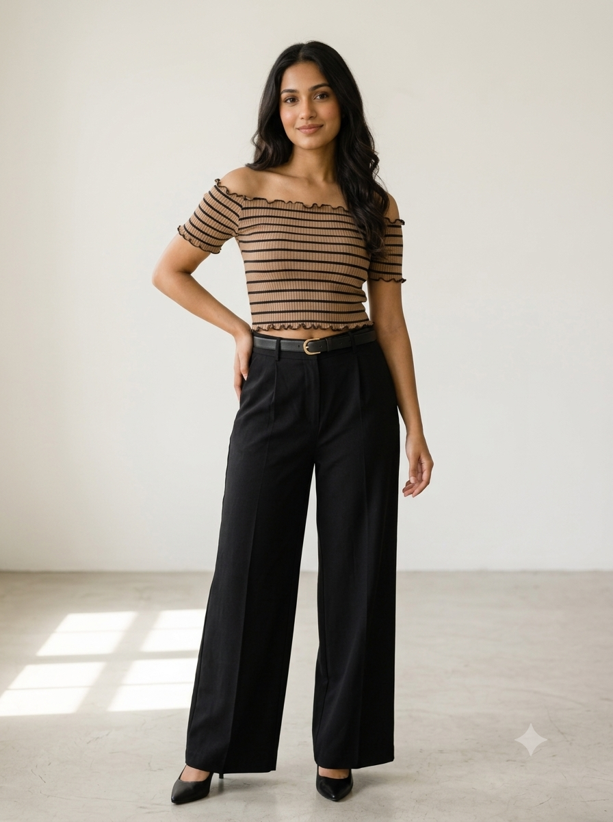 Parisian Mocha Striped Ribbed Bardot Top