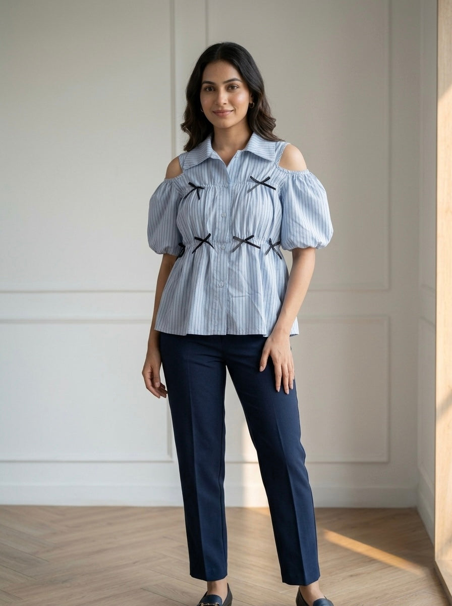 Sky Blue Striped Cold-Shoulder Peplum Top with Bow Details