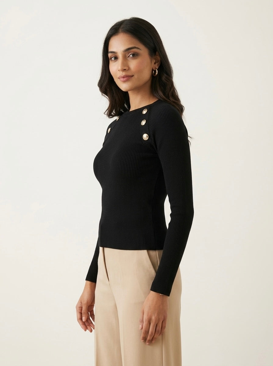 Black Ribbed Gold Button Knit Top