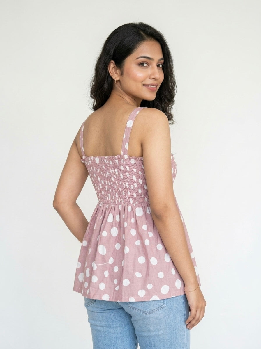 Dusty Rose Polka Dot Smocked Peplum Top