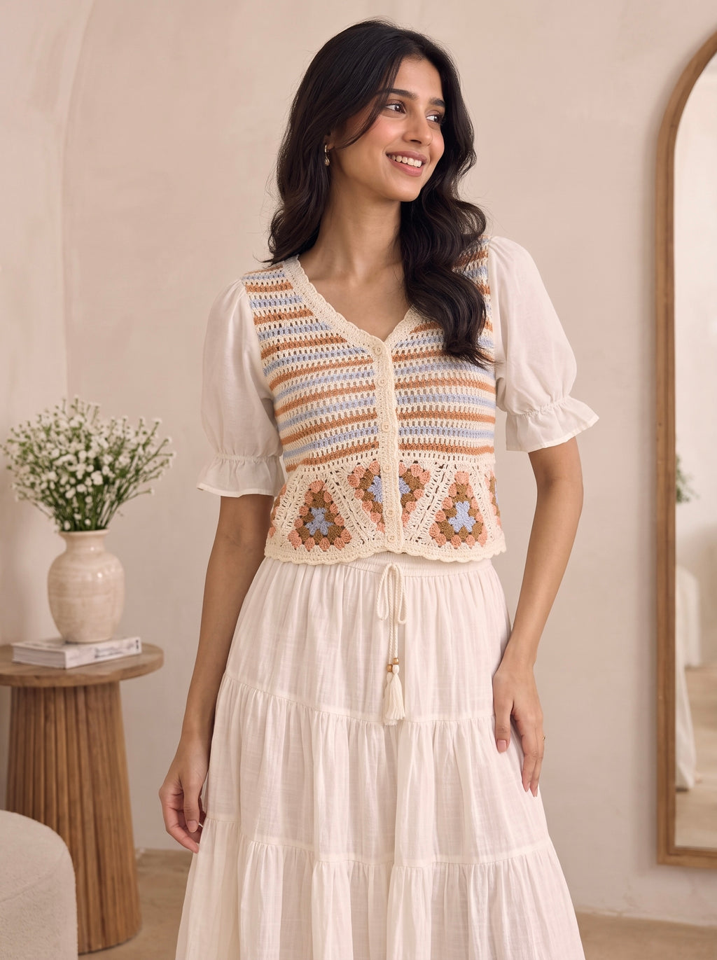 Imported Boho Crochet Puff Sleeve Top