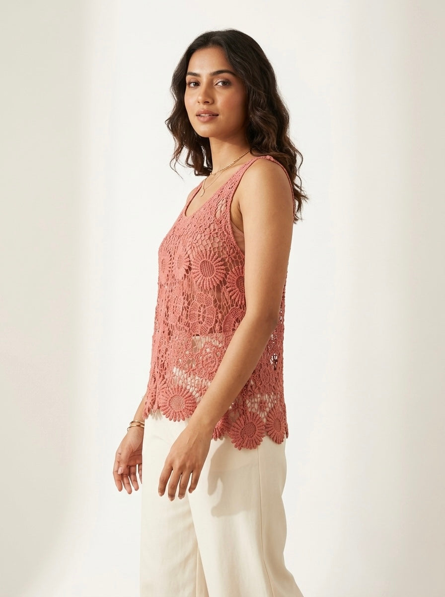 Terracotta Floral Lace Sleeveless Crochet Tank Top