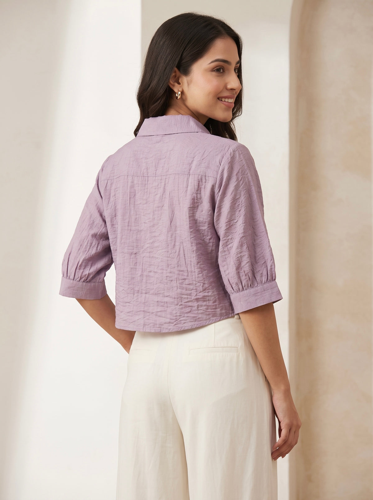 Imported Lavender Embroidered Crop Shirt
