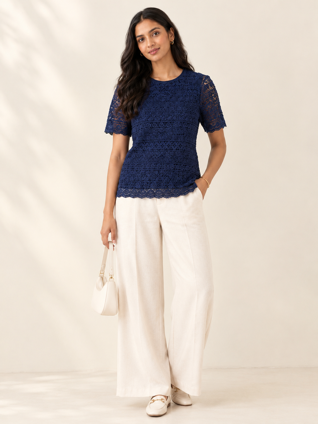 Navy Blue Floral Crochet Lace Short-Sleeve Top