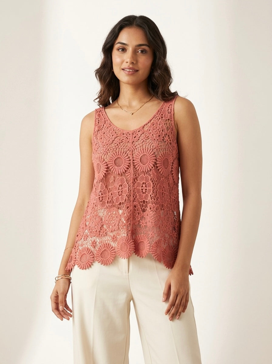 Terracotta Floral Lace Sleeveless Crochet Tank Top