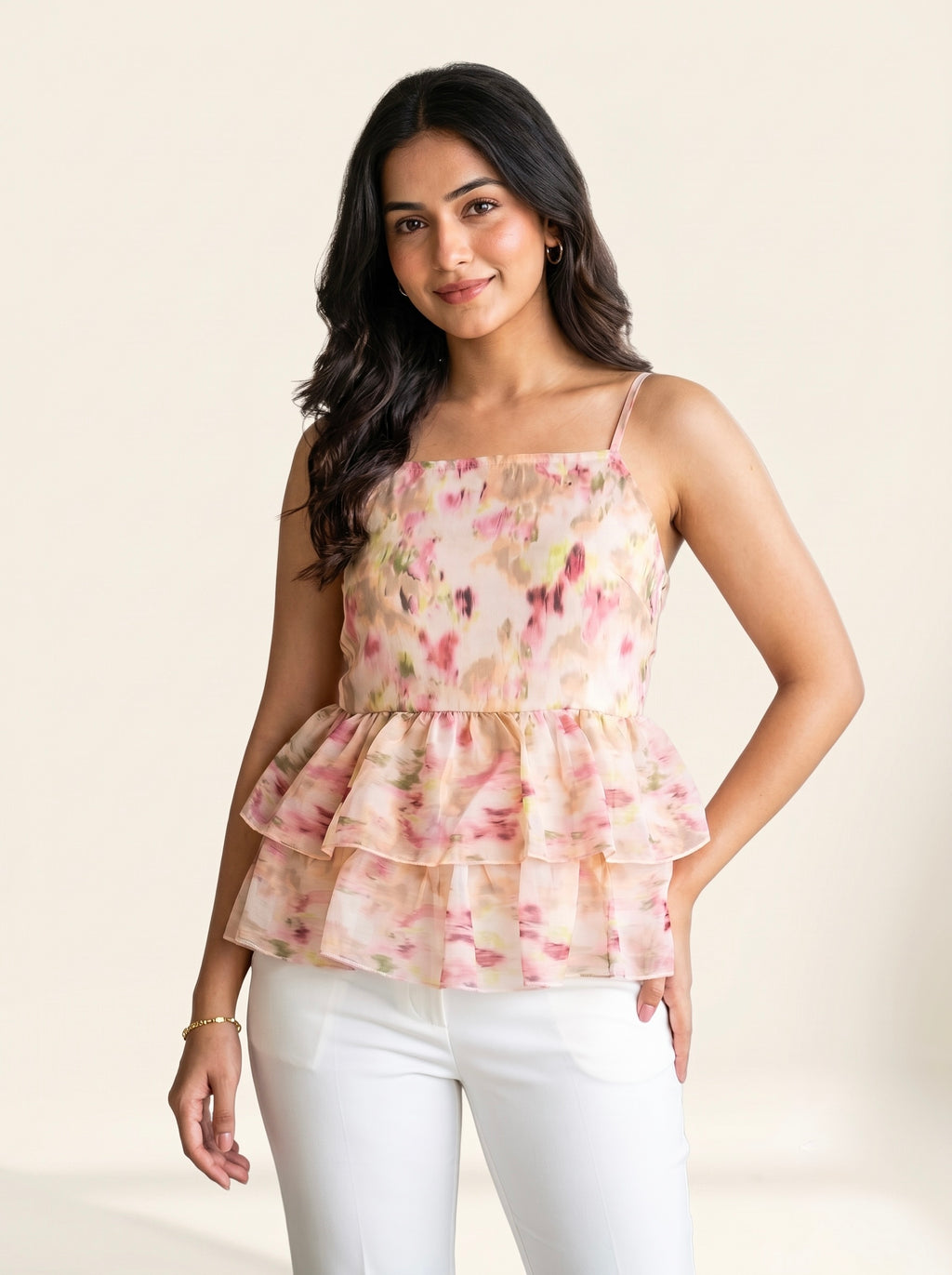 Blush Floral Watercolor Tiered Cami Top