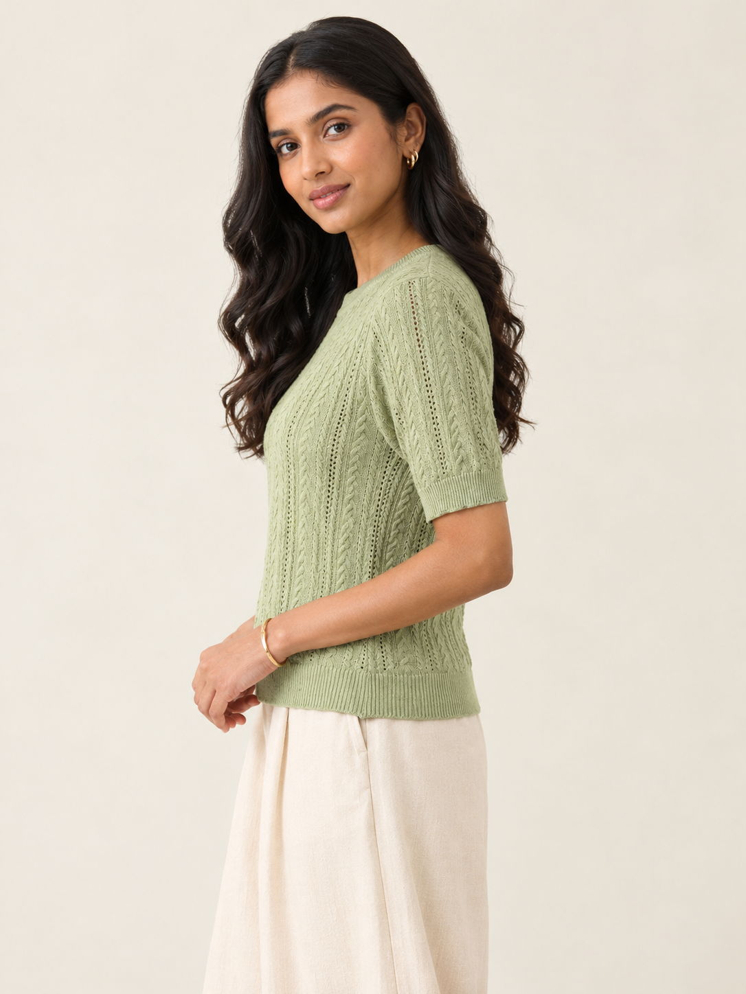 Sage Green Cable Knit Short Sleeve Top