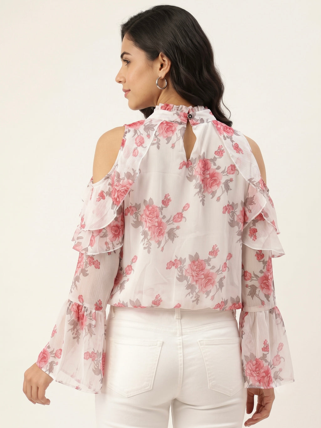 Floral Cold-Shoulder Chiffon Top