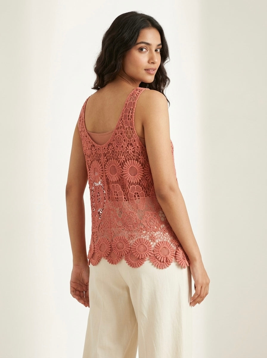Terracotta Floral Lace Sleeveless Crochet Tank Top