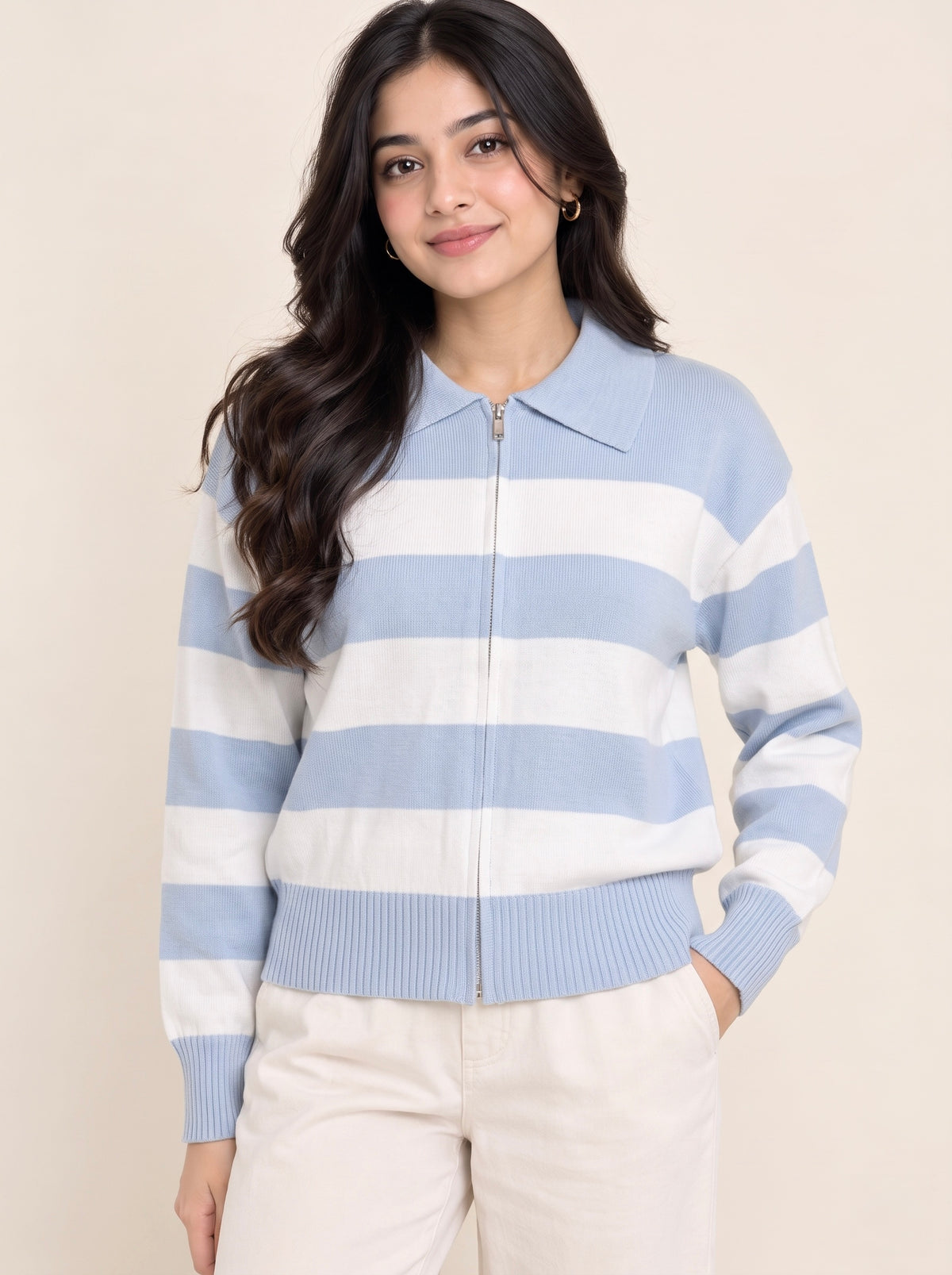 Imported Stripe Zip Knit Top
