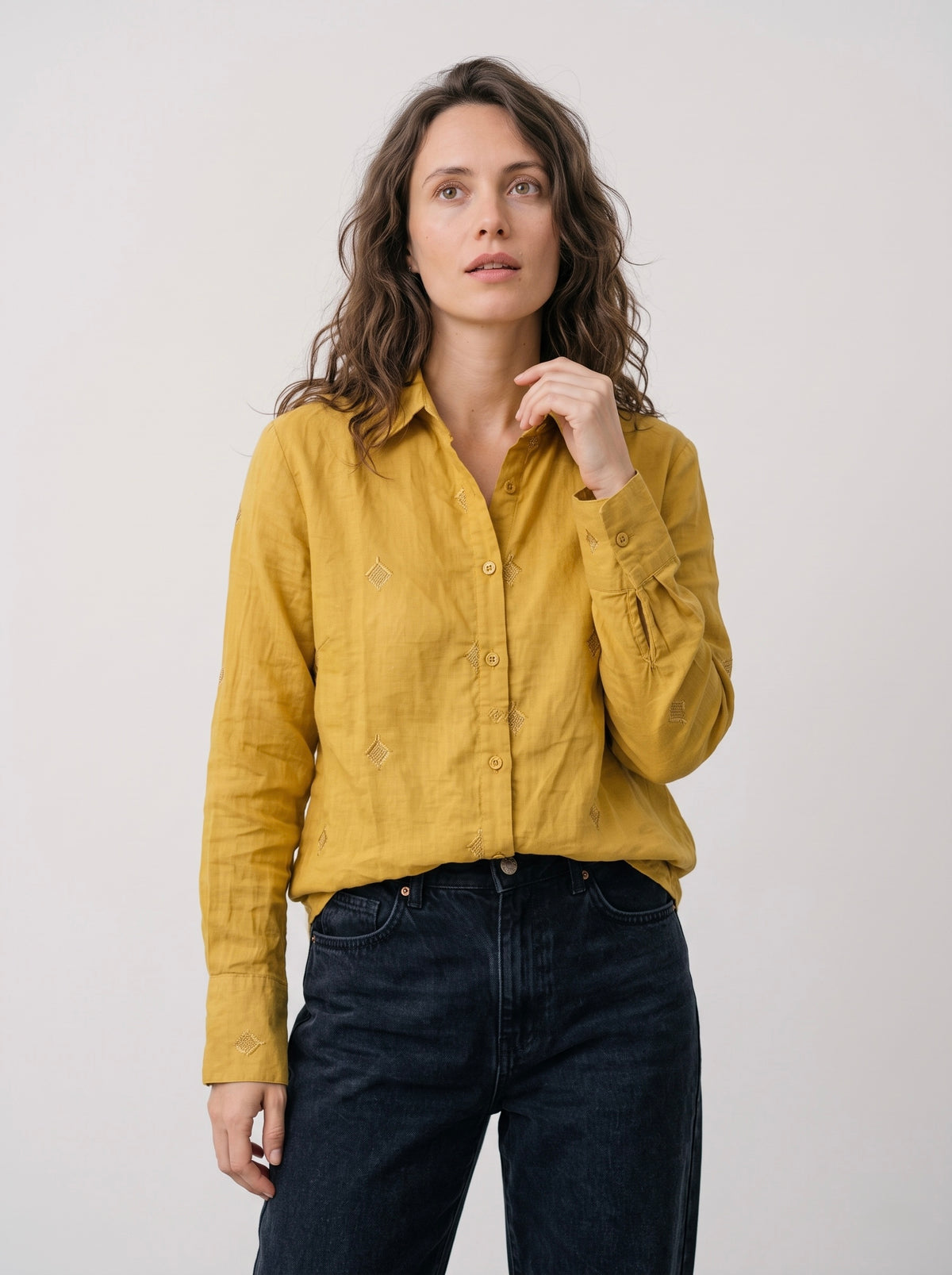 Mustard Embroidered Cotton Linen Shirt