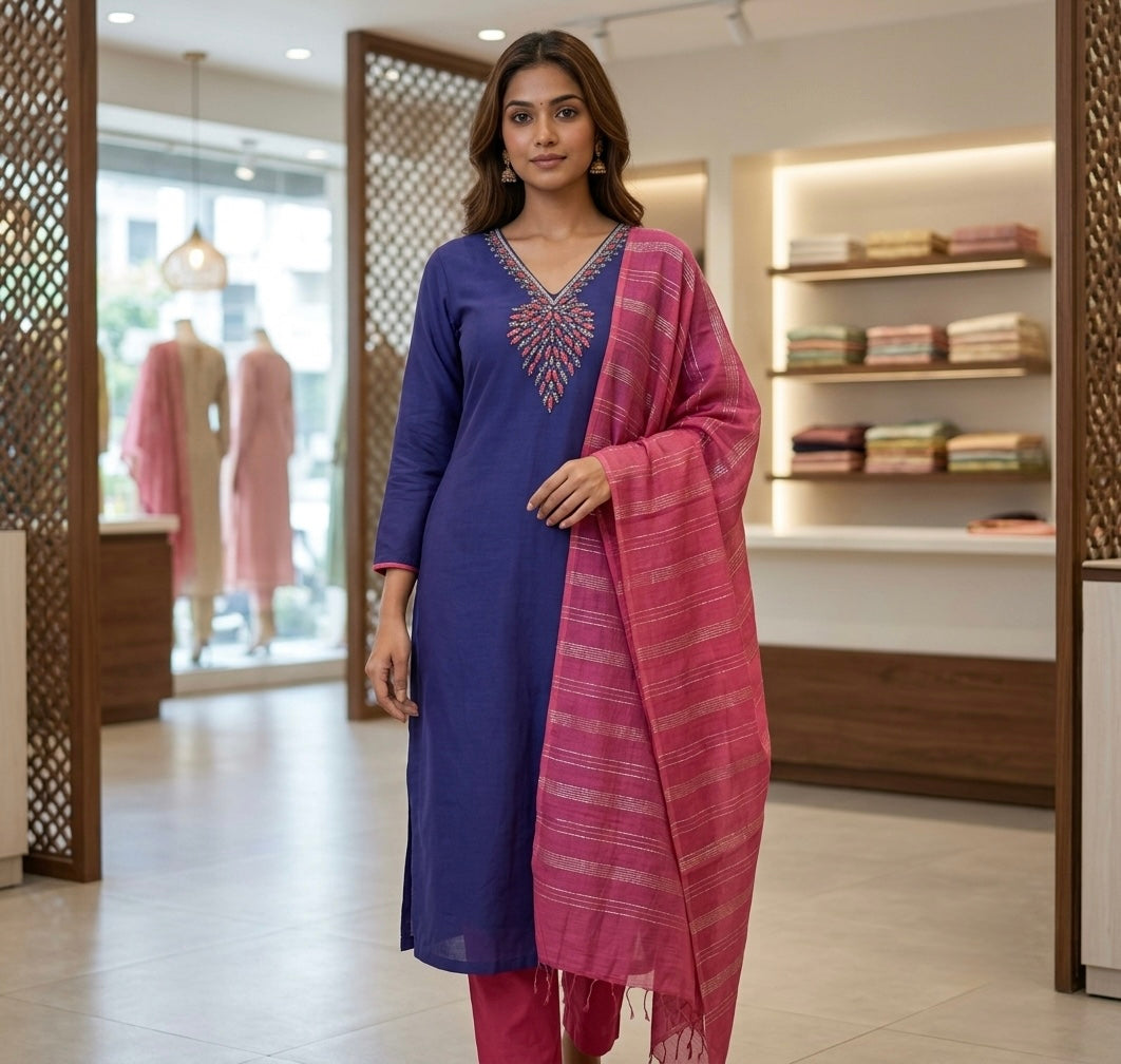 Women's Royal Blue Embroidered Straight Kurta with Trousers & Zari-Striped Dupatta