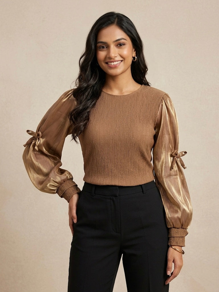Sheer Sleeve Ribbed Top