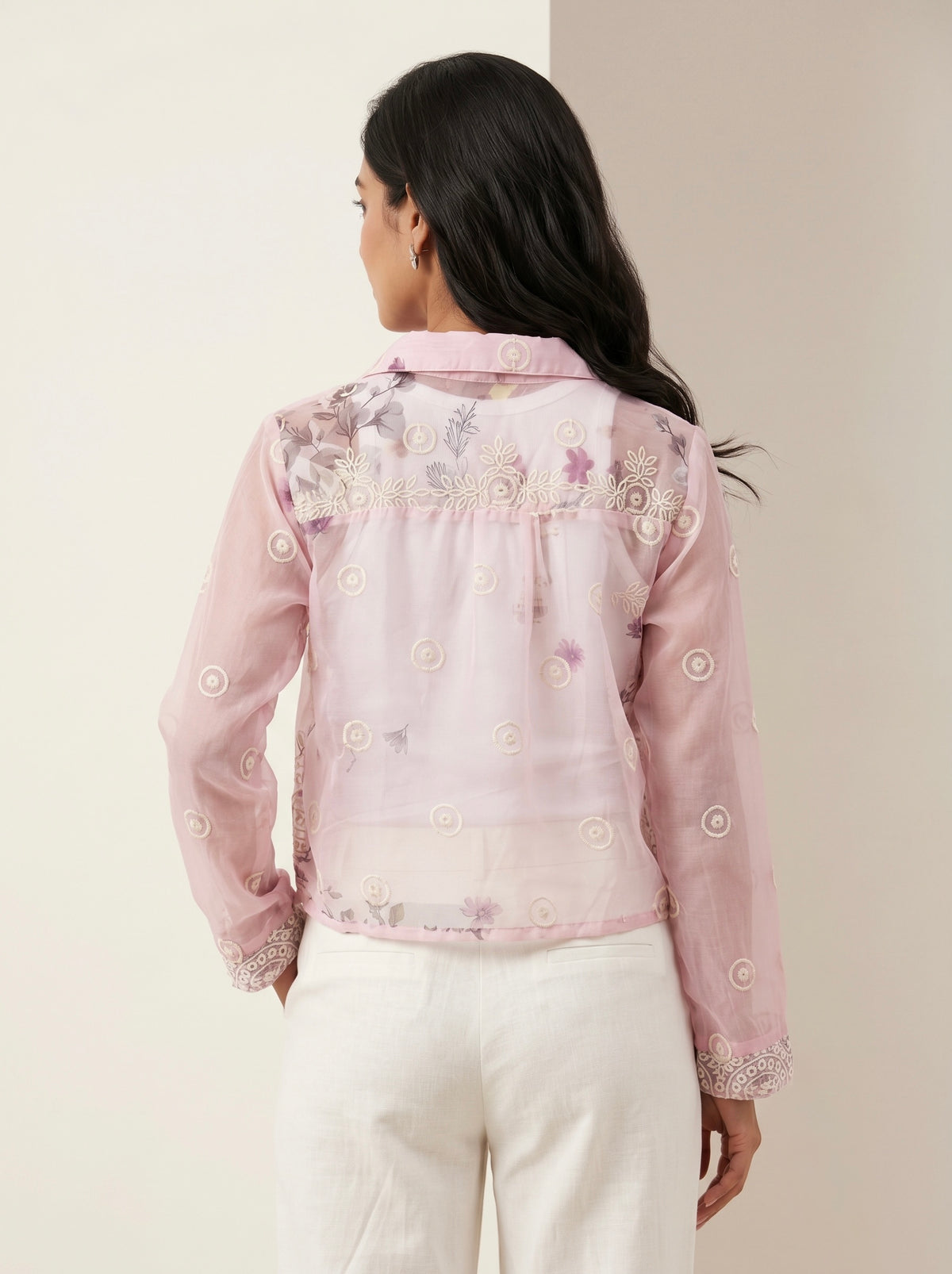 Imported 2 Pcs Embroidered Sheer Cropped Shirt