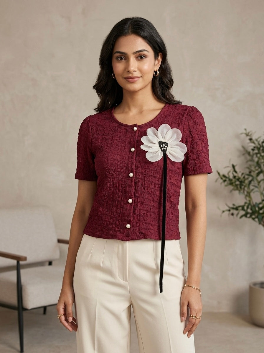 Imported Textured Floral Brooch Top